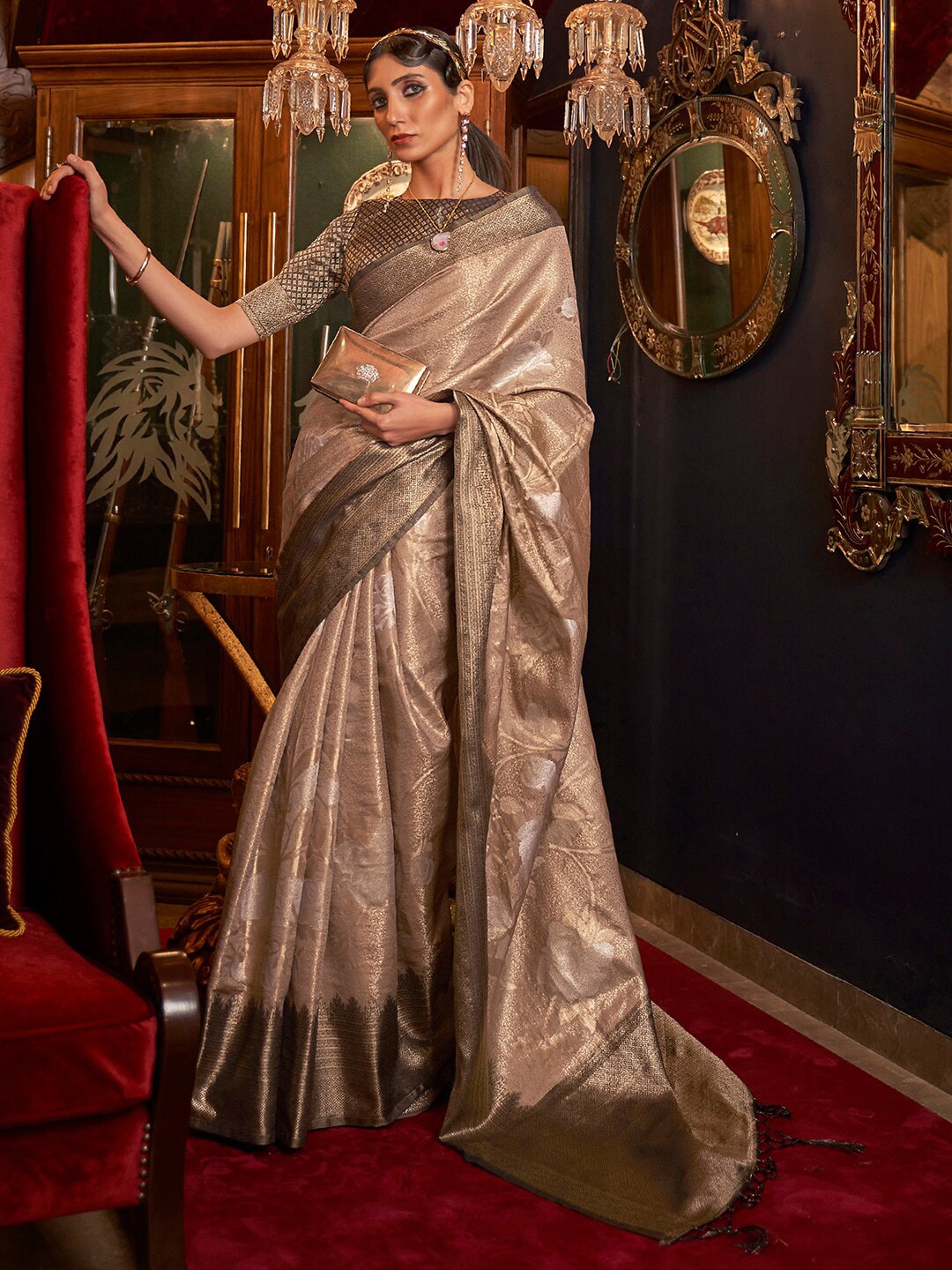 Mitera Beige & Gold-Toned Woven Design Zari Silk Blend Banarasi Saree - Distacart