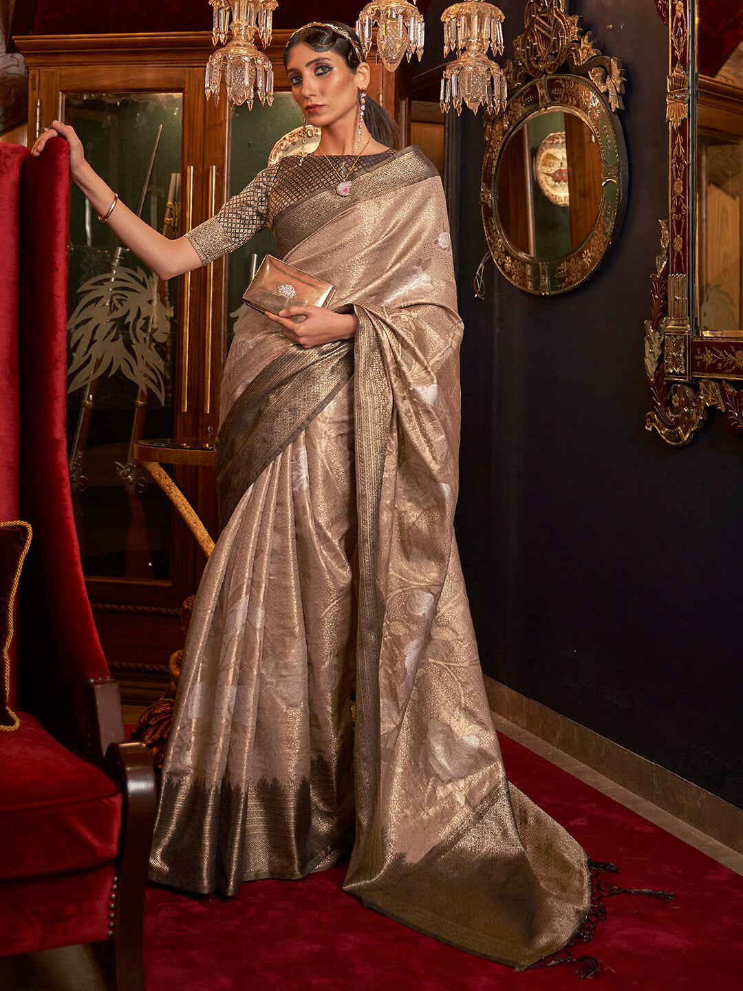 Mitera Beige & Gold-Toned Woven Design Zari Silk Blend Banarasi Saree - Distacart