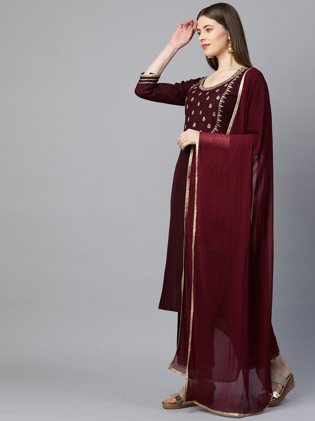 Kalini Women Maroon Gotta Patti Embroidered Kurta with Palazzos & Dupatta - Distacart