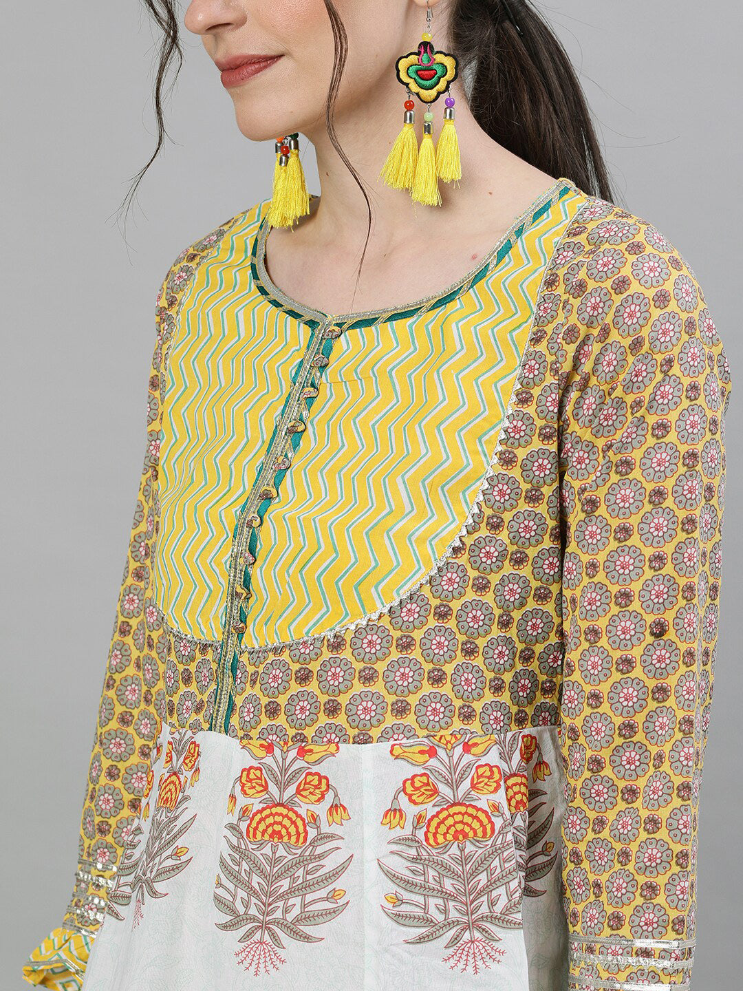 Ishin Women Mustard Yellow & Grey Printed Kurti with Skirt & Dupatta - Distacart
