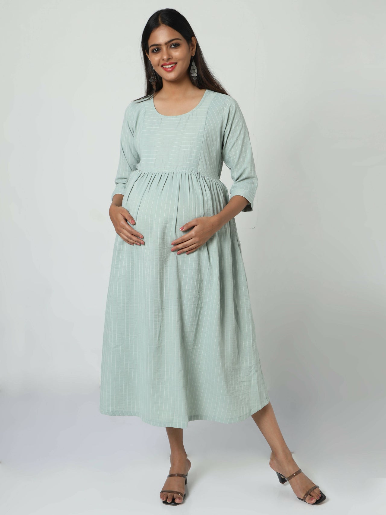 Manet Three Fourth Maternity Dress Striped With Concealed Zipper Nursing Access - Pista Green - Distacart