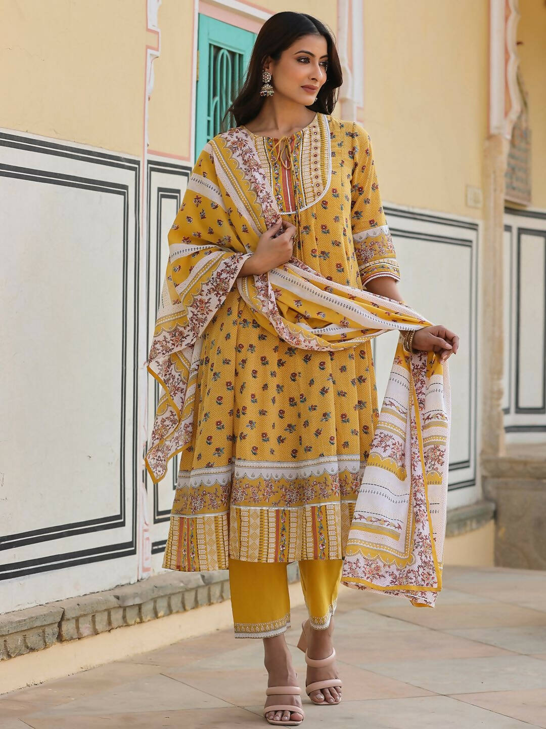 Juniper Women's Mustard Cotton Voile Floral Printed Kurta With Cambric Straight Pant And Voile Duptta - Distacart