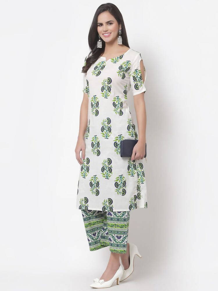 Myshka Women's White Cotton Blend Printed Half Sleeves V Neck Casual Kurta with Palazzo Set