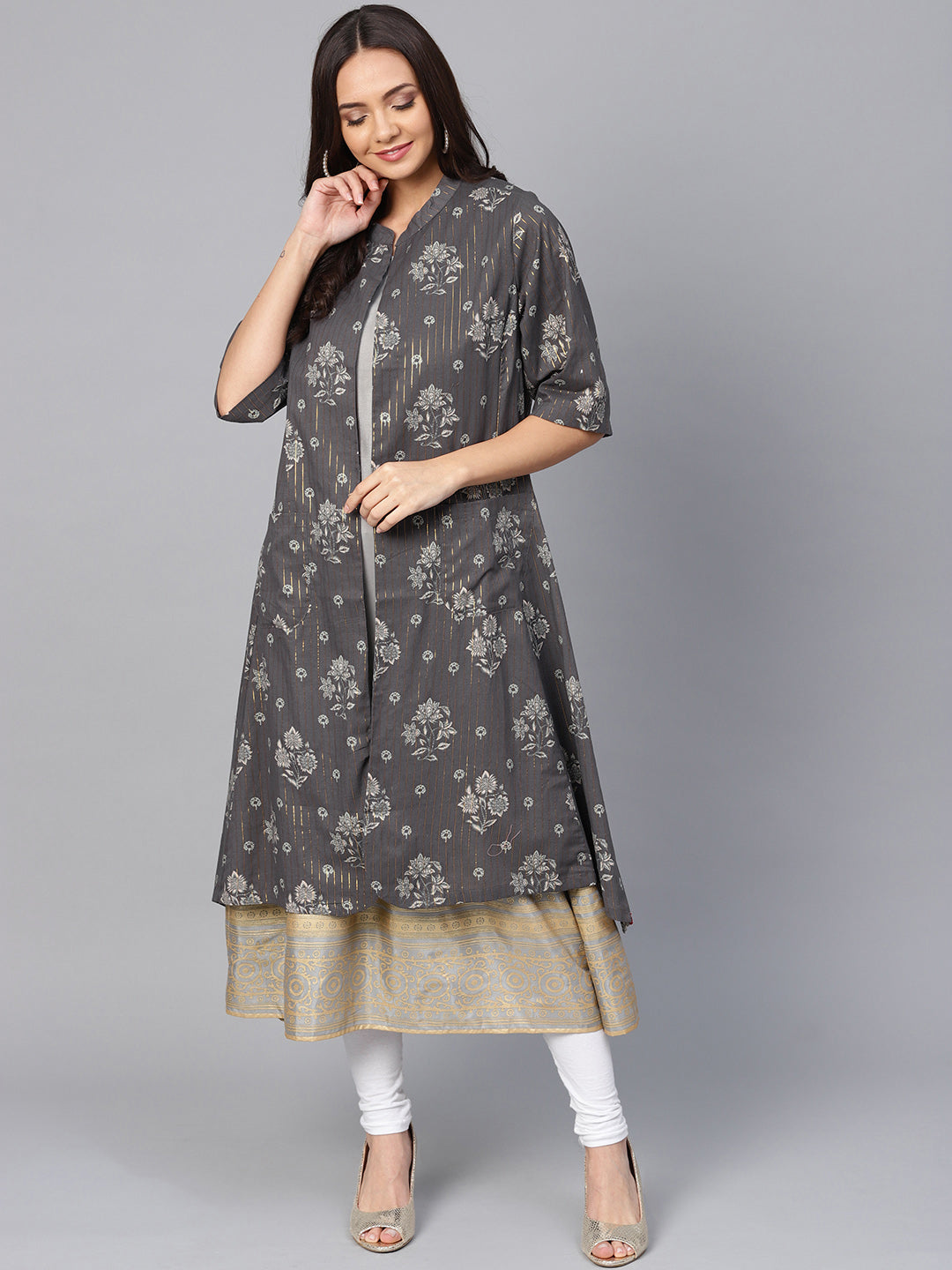 Biba Women Grey Floral Print Layered A-Line Kurta - Distacart