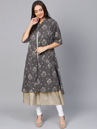 Biba Women Grey Floral Print Layered A-Line Kurta - Distacart