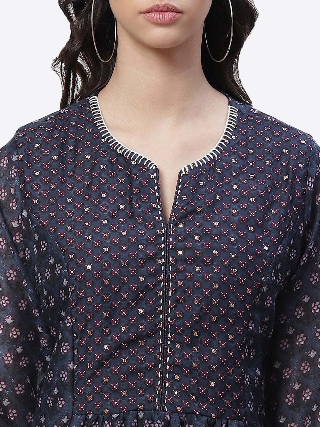 Biba Women Navy Blue Ethnic Motifs Printed Keyhole Neck Thread Work Kurta - Distacart