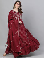 Thumbnail for Ishin Women Maroon Floral Embroidered Angrakha Kurta with Skirt & Dupatta - Distacart