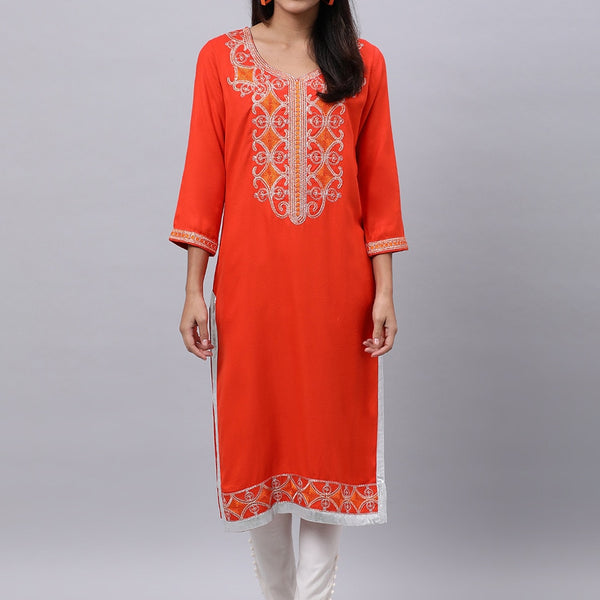 Souchii Orange Ethnic Motifs Thread Work Grandeur & Majestic Artwork Kurta - Distacart