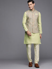 Thumbnail for Manyavar Men Green & Off-White Solid Kurta & Churidar with Nehru Jacket - Distacart