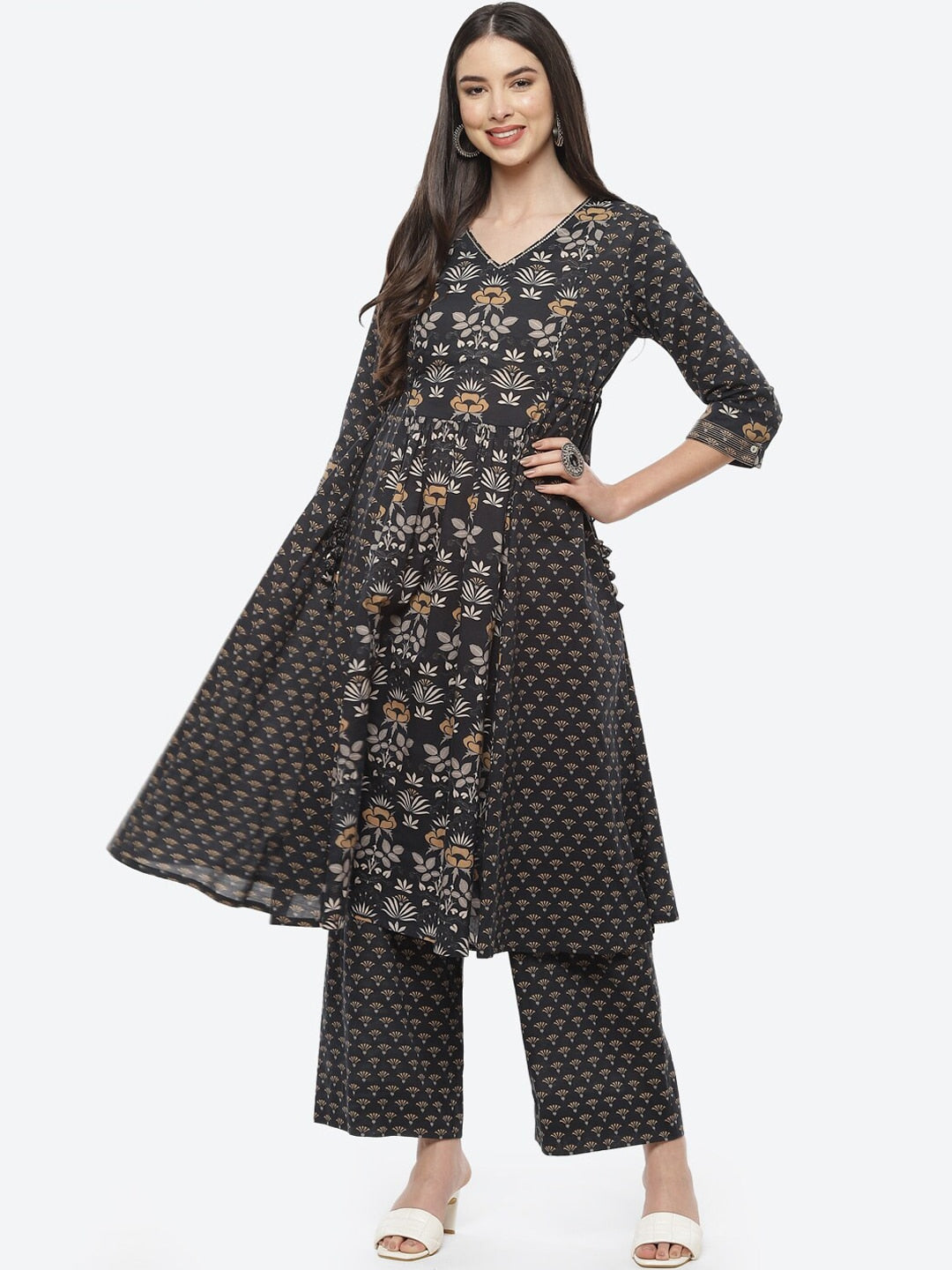 Biba Women Black Ethnic Motifs Printed Panelled Pure Cotton Kurta with Palazzos - Distacart