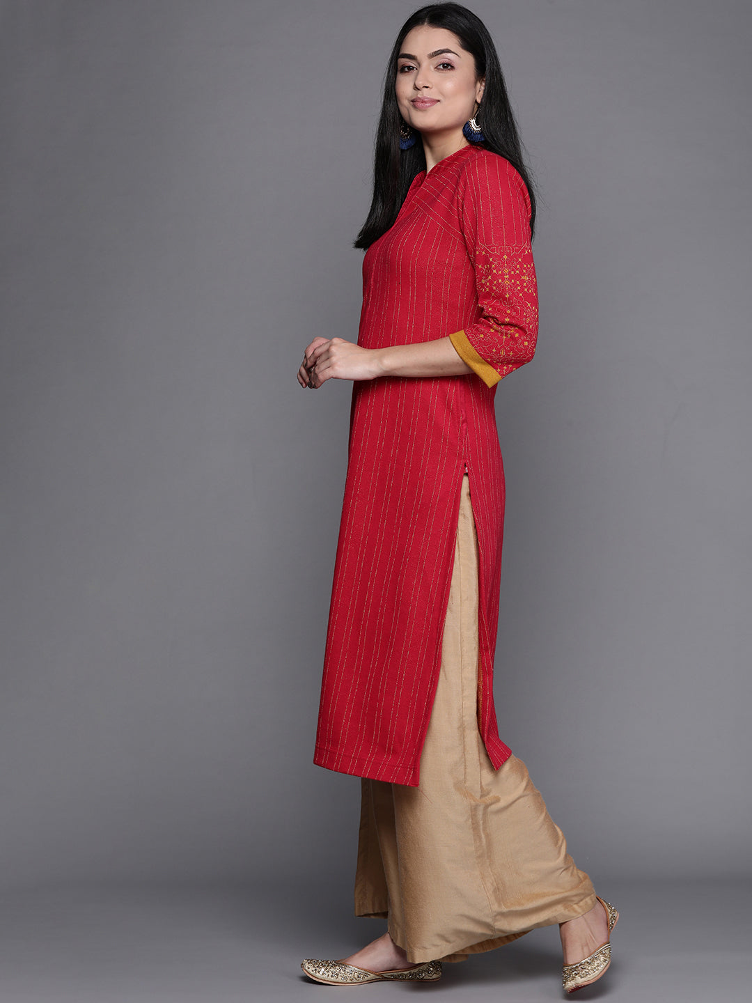 Biba Women Pink & Golden Striped Winter Kurta - Distacart