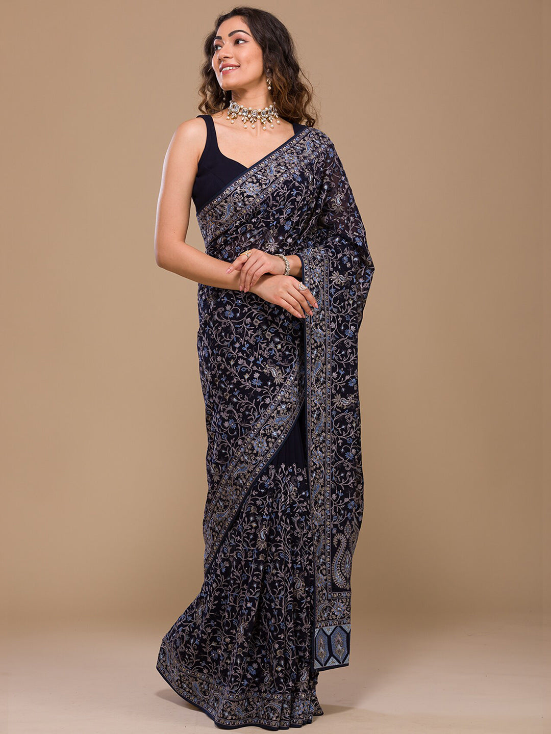 Koskii Floral Embroidered Sequined Poly Georgette Saree - Distacart