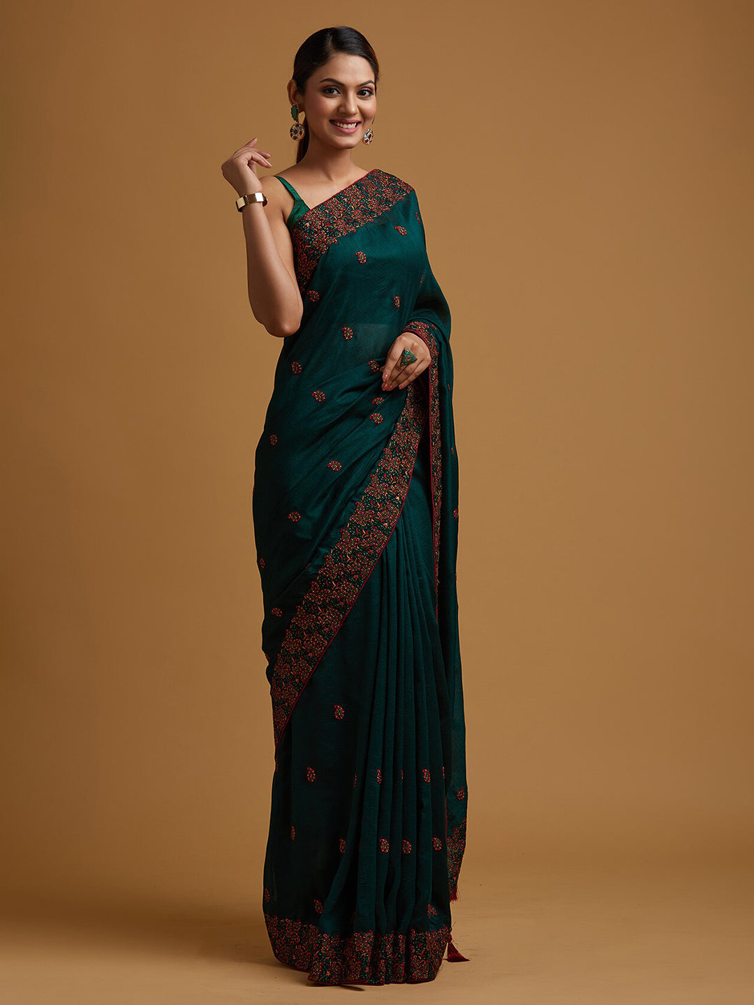 Koskii Green & Red Embroidered Art Silk Saree - Distacart