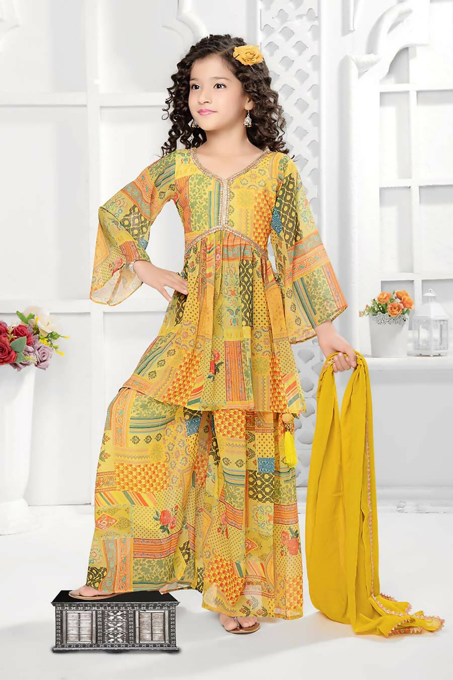 Kids Functional Designer Lemon Mustard Digital Flower Print On Georgette Shrara Suit - Aaradhna - Distacart