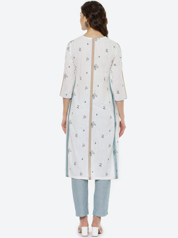 Biba Women White & Blue Printed Pure Cotton Kurta with Trouser - Distacart