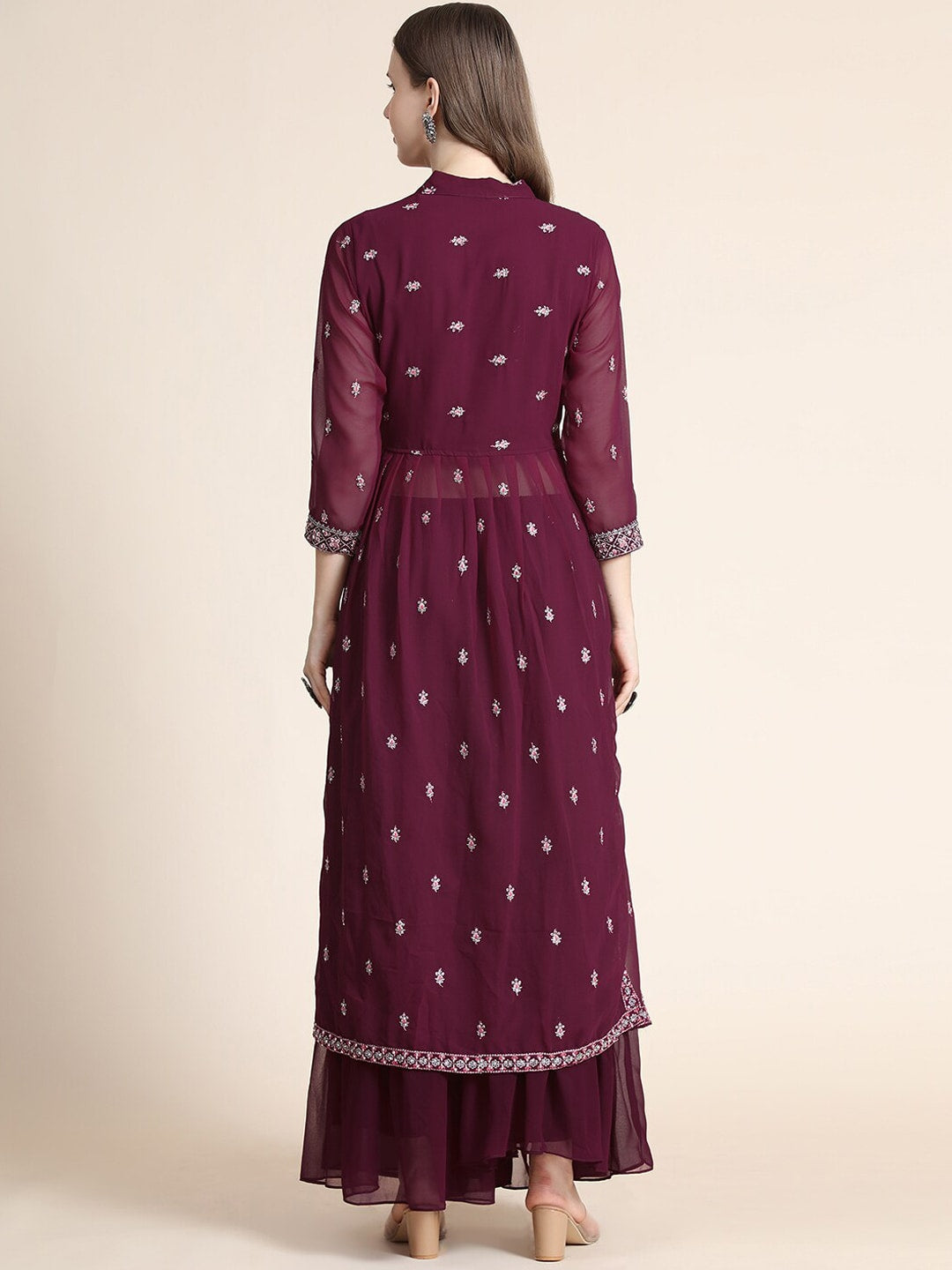 Kalini Women Burgundy Floral Yoke Design Empire Silk Georgette Kurta with Sharara - Distacart