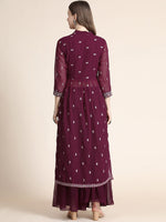 Thumbnail for Kalini Women Burgundy Floral Yoke Design Empire Silk Georgette Kurta with Sharara - Distacart