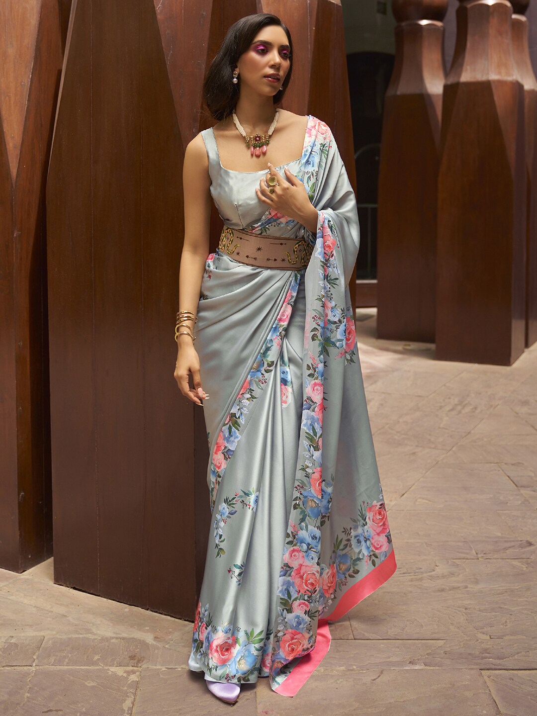 Mitera Grey & Pink Floral Satin Banarasi Saree - Distacart