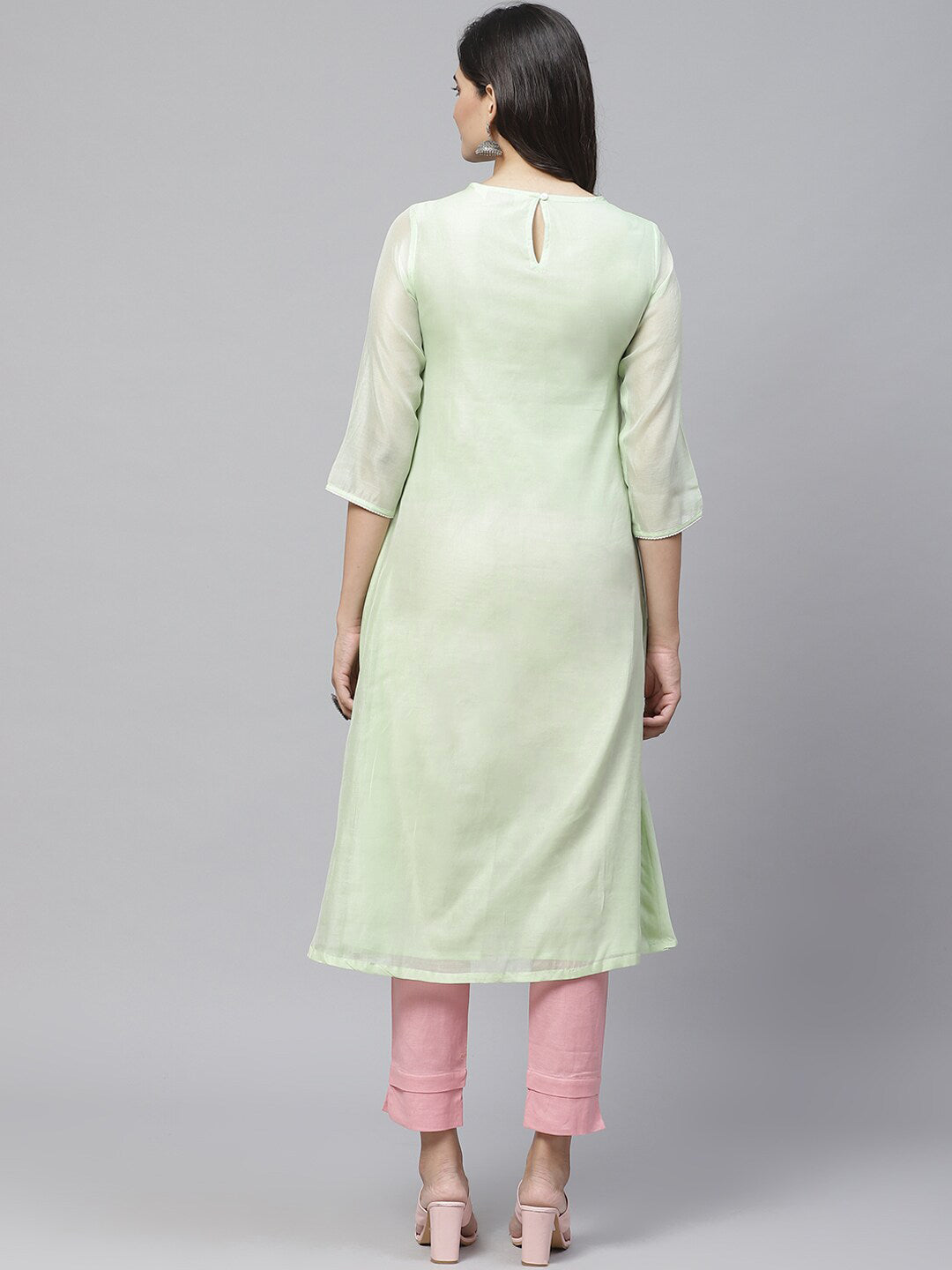 Biba Women Sea Green & White Embroidered A-Line Kurta - Distacart