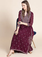 Thumbnail for Kalini Women Burgundy Floral Yoke Design Empire Silk Georgette Kurta with Sharara - Distacart