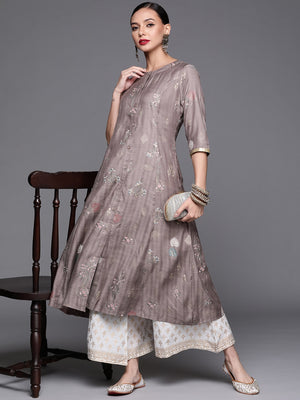 Libas Grey & Golden Ethnic Motifs Printed A-line Kurta with Pocket - Distacart