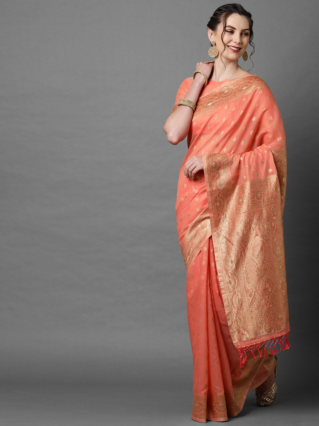 Mitera Peach-Coloured & Gold Floral Woven Design Silk Blend Banarasi Saree - Distacart