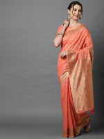 Thumbnail for Mitera Peach-Coloured & Gold Floral Woven Design Silk Blend Banarasi Saree - Distacart