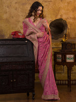 Thumbnail for Koskii Pink & Gold-Toned Floral Embroidered Art Silk Saree - Distacart