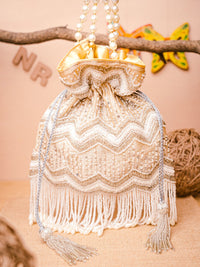 Thumbnail for NR By Nidhi Rathi Cream-Coloured & Gold-Toned Embellished Potli Clutch - Distacart