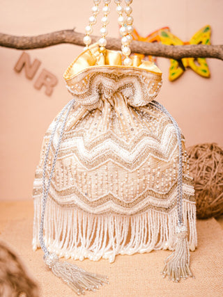 NR By Nidhi Rathi Cream-Coloured & Gold-Toned Embellished Potli Clutch - Distacart