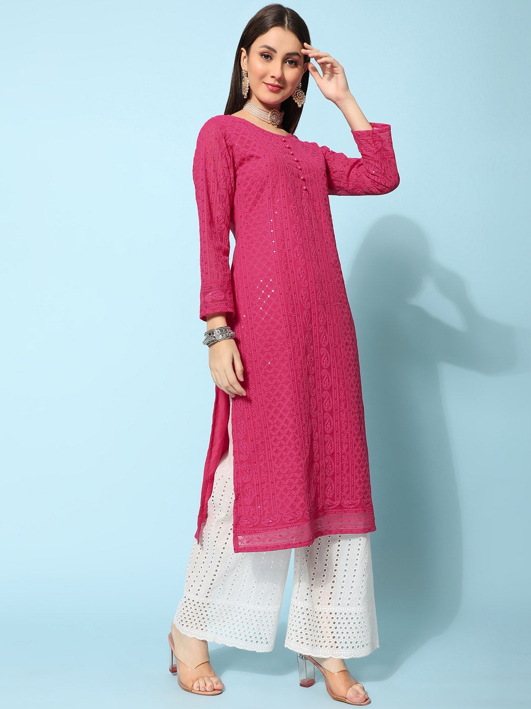 Kalini Ethnic Motifs Embroidered Chikankari Georgette Kurta - Distacart