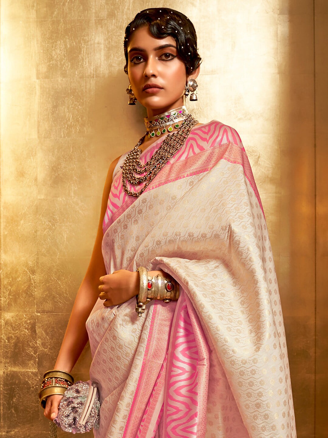 Mitera Cream-Coloured & Pink Paisley Silk Blend Banarasi Saree - Distacart