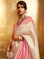 Thumbnail for Mitera Cream-Coloured & Pink Paisley Silk Blend Banarasi Saree - Distacart