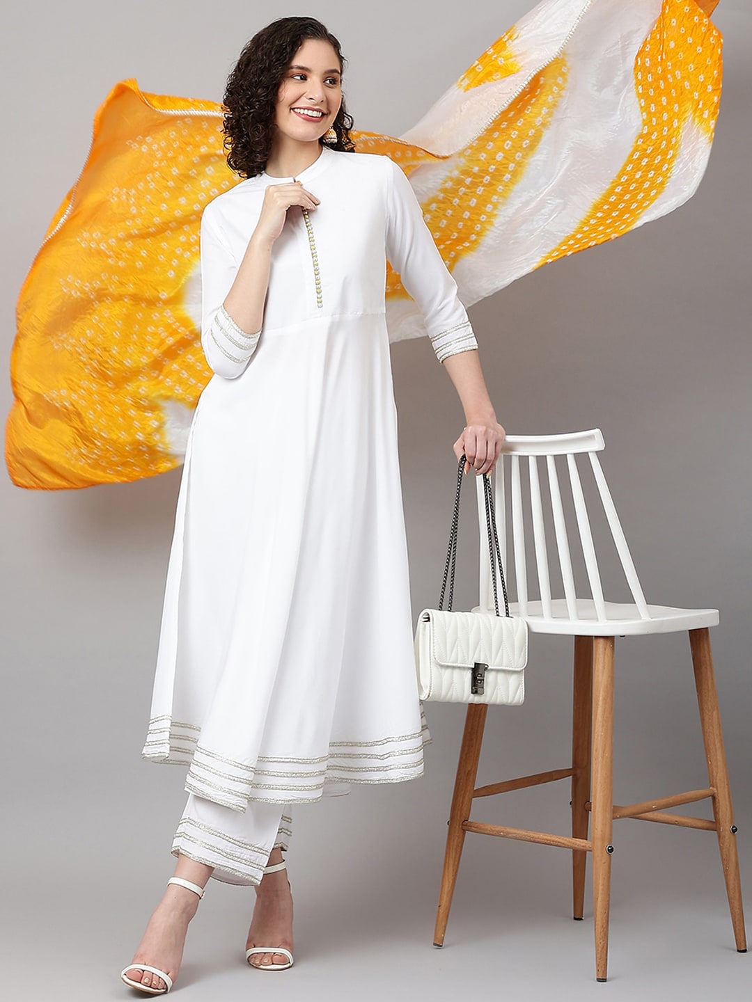 Khushal K Band Collar Gotta Patti Anarkali Kurta with Palazzos & Dupatta - Distacart