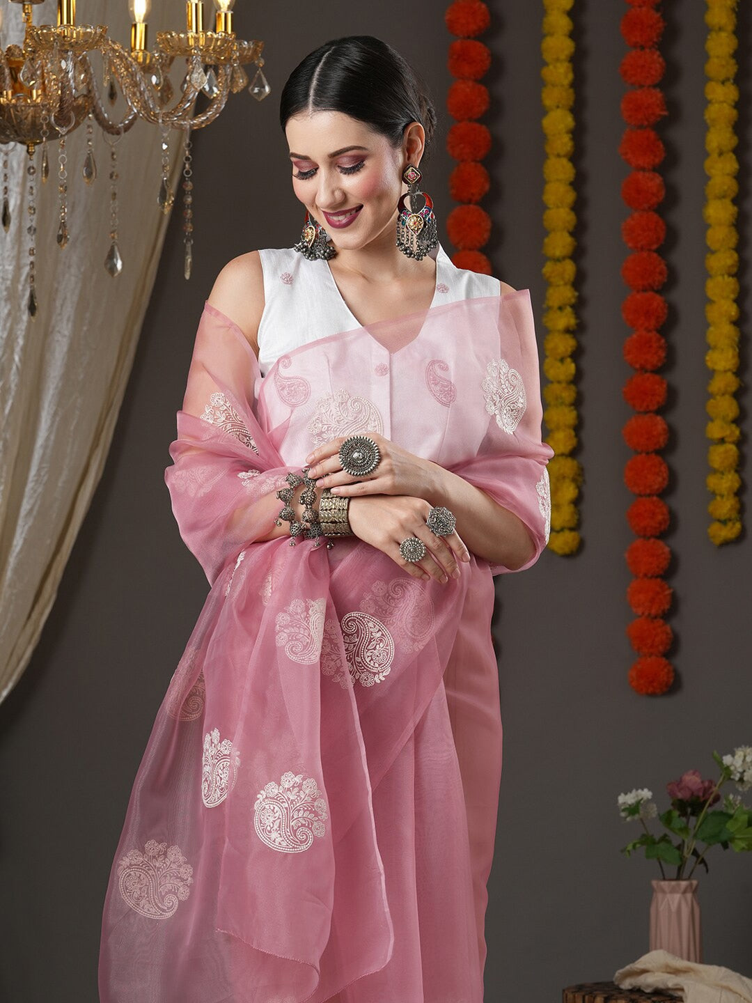 Saree Mall Mauve & White Floral Embroidered Organza Banarasi Sarees - Distacart