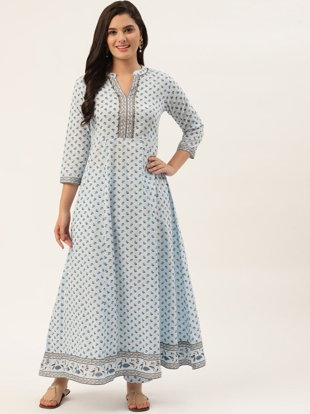 HERE&NOW Women Blue Floral Printed Pure Cotton Kurta with Trousers - Distacart