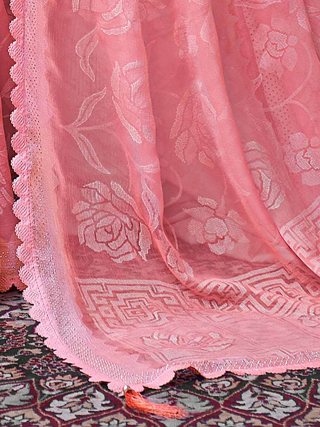 Saree Mall Floral Woven Design Pure Chiffon Beads & Stones Bagru Sarees - Distacart