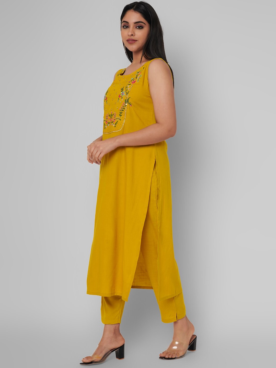 Kalini Women Mustard Yellow Embroidered Mirror Work Kurta with Trousers - Distacart