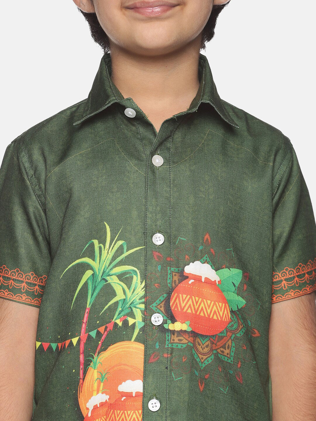 Sethukrishna Boys Olive Green Printed Shirt - Distacart