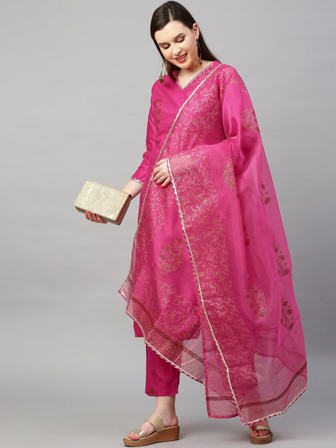 Kalini Women Pink Floral Gotta Patti Kurta with Trousers With Dupatta - Distacart