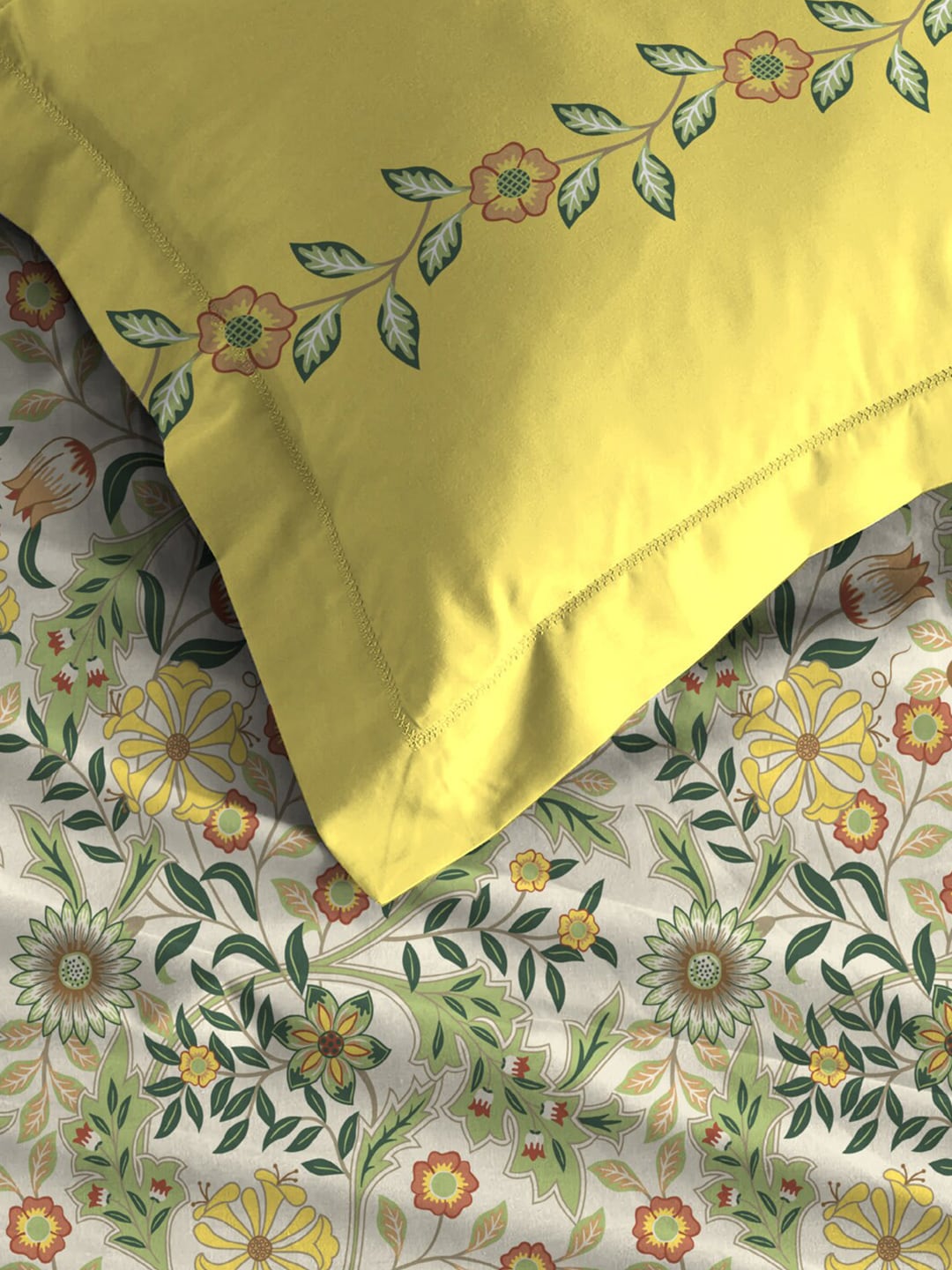 MYTRIDENT Beige White Floral Pure Cotton 144 TC Queen Bedsheet With 2 Pillow Covers - Distacart