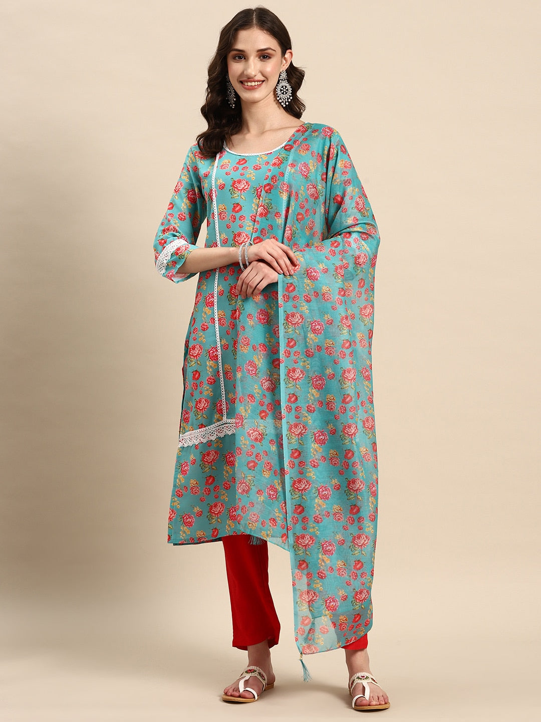 Sangria Women Floral Printed Regular Kurta with Trousers & With Dupatta - Distacart