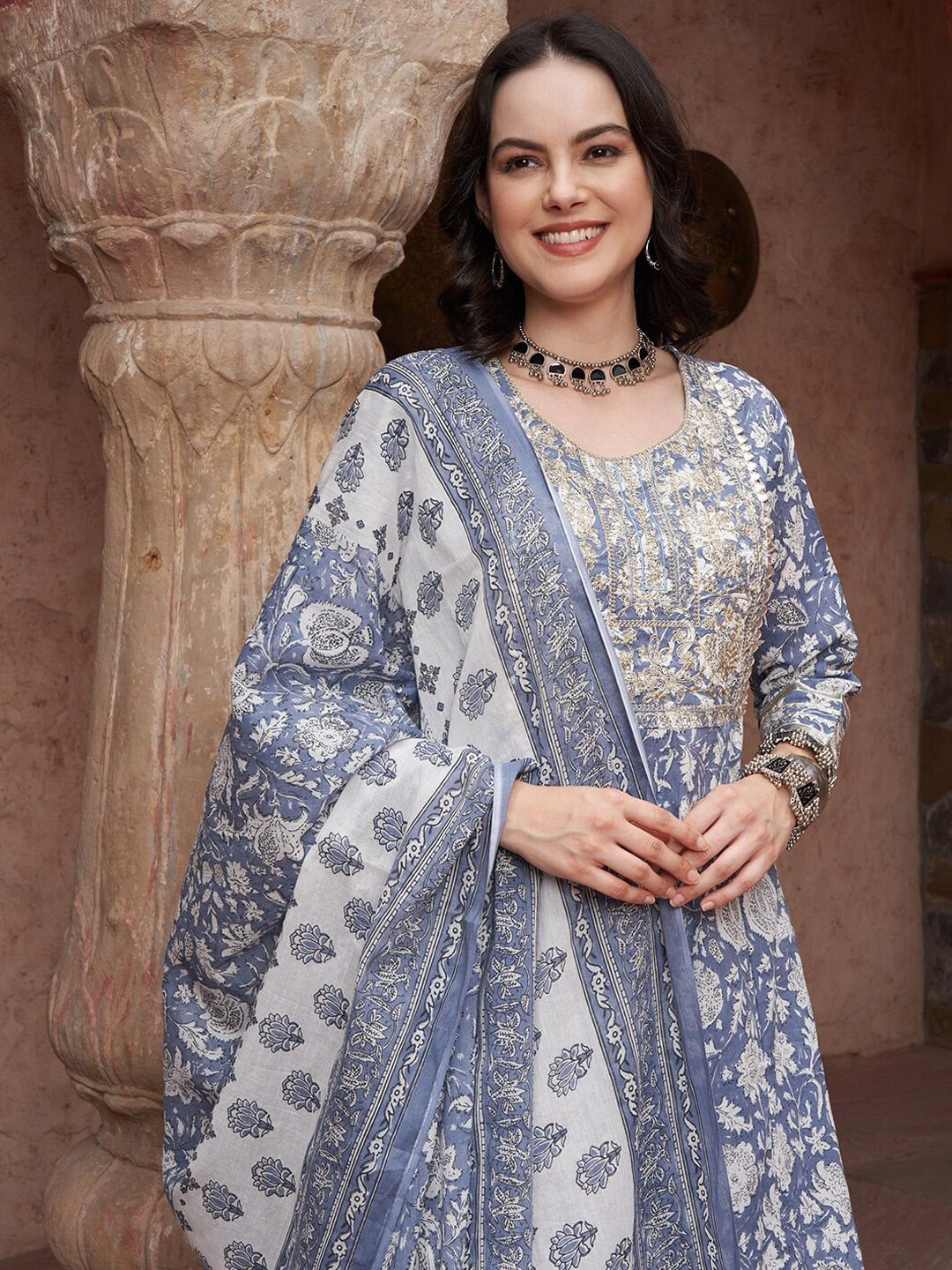 Sangria Blue Printed Thread Work Pure Cotton Empire A-Line Kurta with Trousers & Dupatta - Distacart