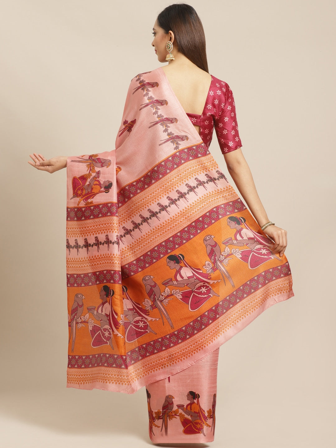 Saree Mall Peach-Coloured & Maroon Warli Print Bhagalpuri Saree - Distacart