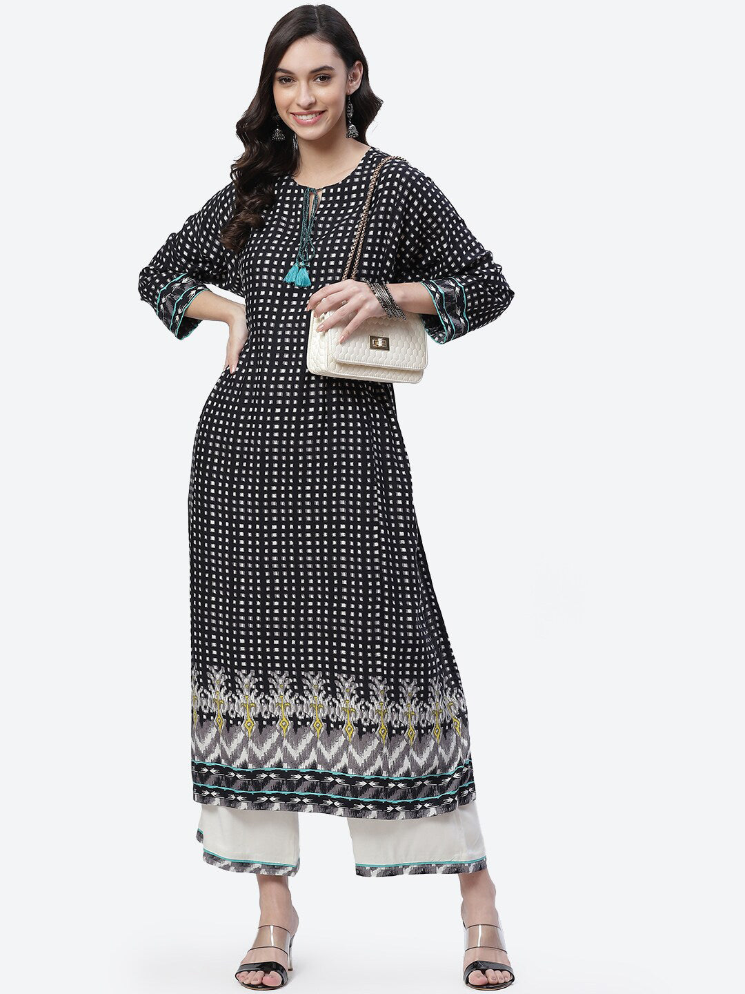 Biba Women Black & White Printed Kurta With Palazzos - Distacart