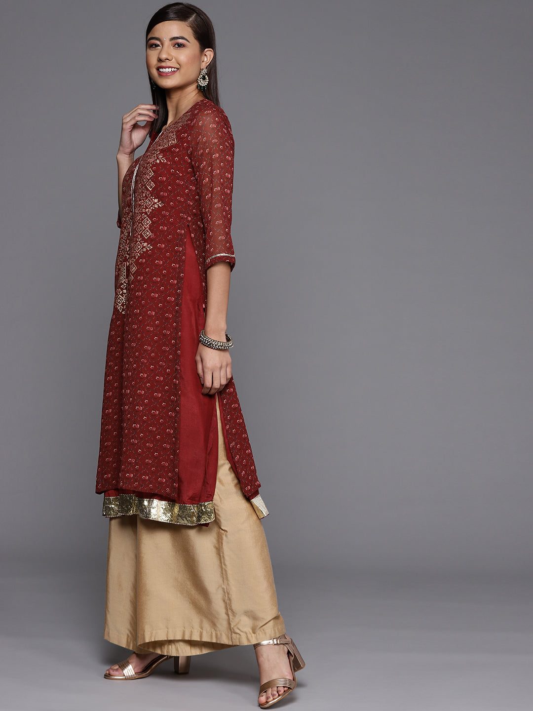 Biba Women Maroon & Beige Ethnic Motifs Printed Kurta - Distacart