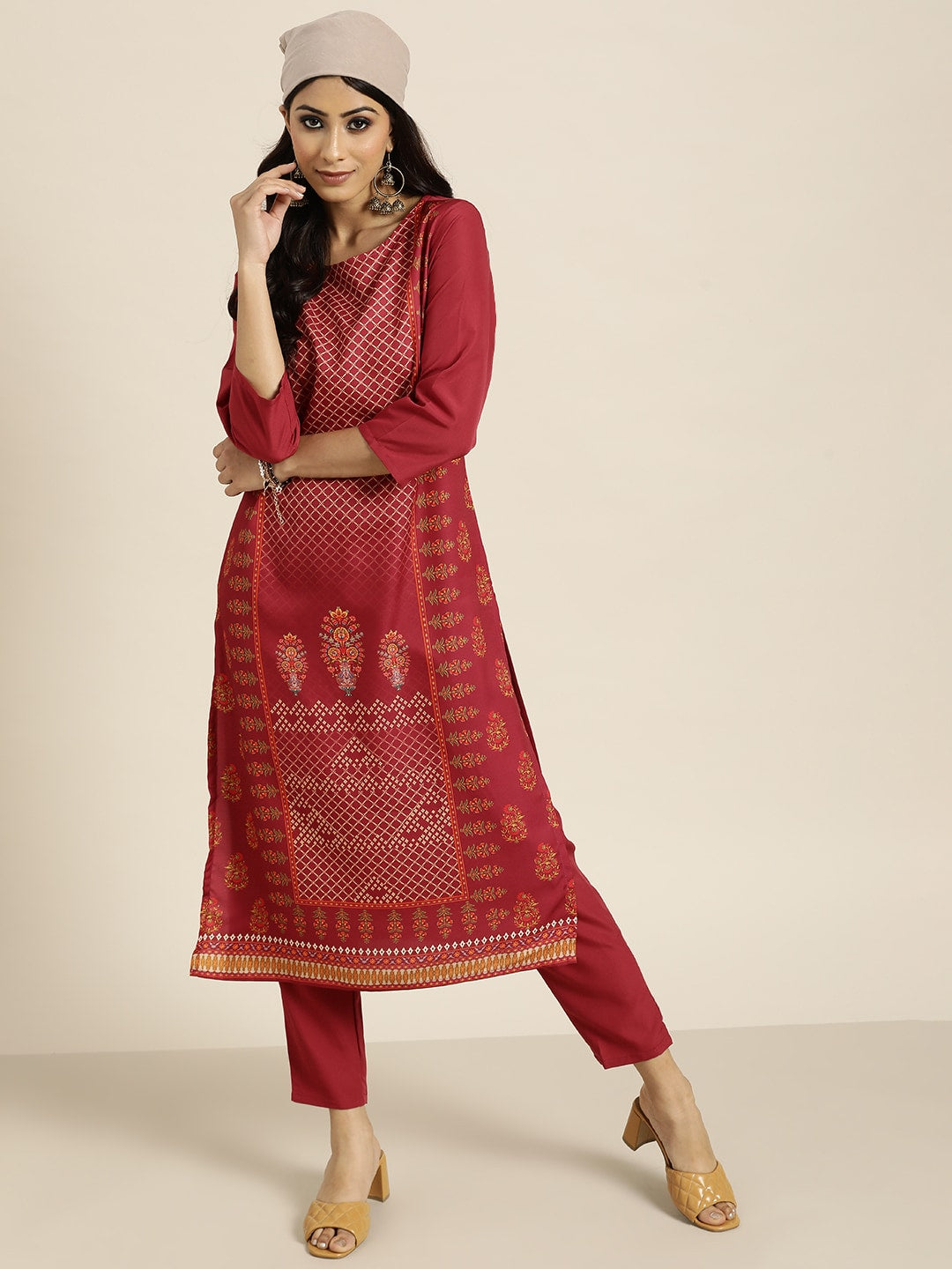 Sangria Women Maroon Ethnic Motifs Printed Kurta with Trousers - Distacart