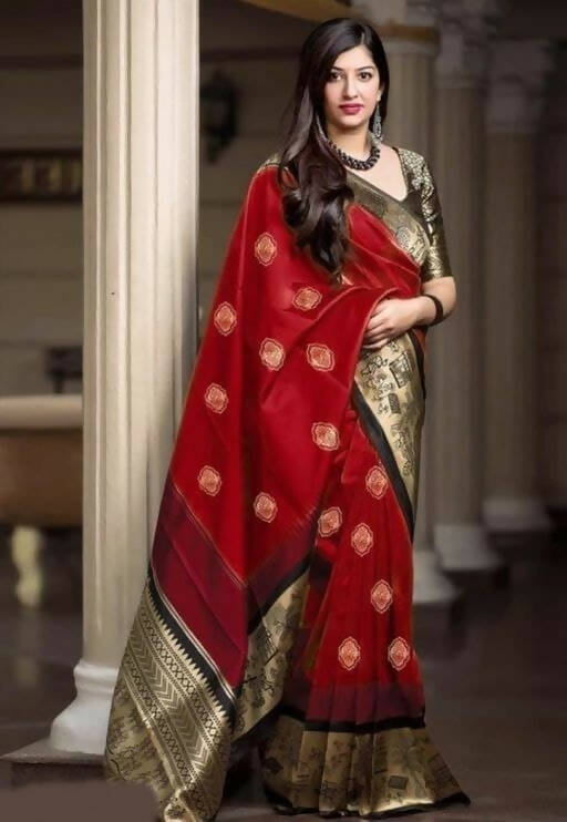 DEIANA'S Beautiful Golden Jari with New Design Soft Lichi Silk Saree - Red - Distacart