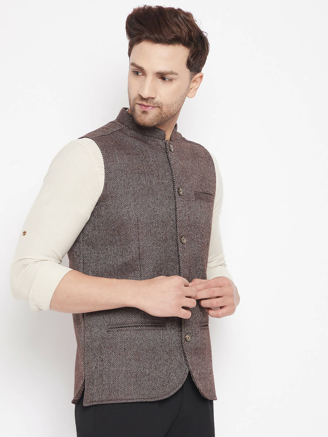 Even Apparels Brown Wool Men Woven Nehru Jacket - Distacart
