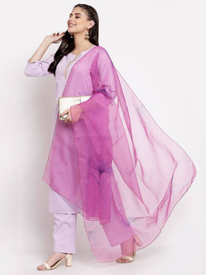 Myshka Women's Light Purple Cotton Solid 3/4 Sleeve Round Neck Casual Kurta Pant Dupatta Set